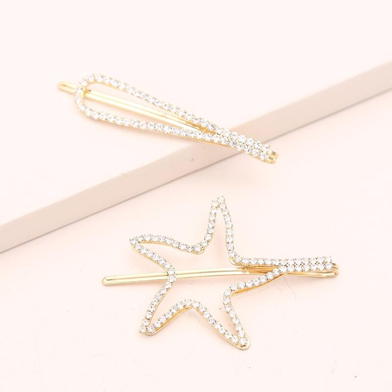 

2pcs Rhinestone Engraved Hair Clip, Gold