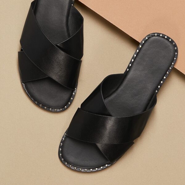 

Stud Detail Open Toe Cross Band Slide On Sandals, Black
