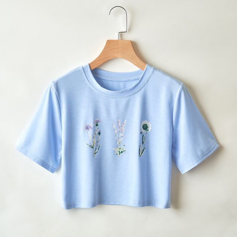 

Plant Embroidery Blue Tee, Baby blue