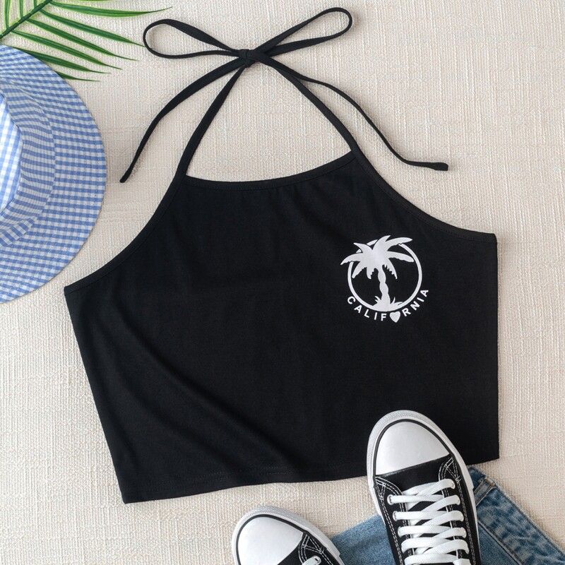 

Tropical Crop Halter Top, Black
