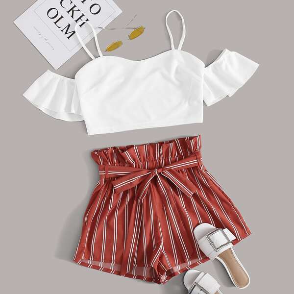 

Plus Cold Shoulder Crop Top & Paperbag Waist Striped Shorts Set, Multicolor