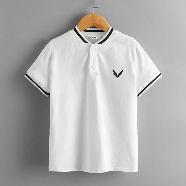 

Boys Graphic Print Striped Trim Polo Shirt, White