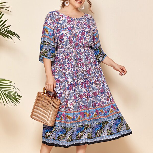 

Plus Tie Neck Floral Print Dress, Multicolor