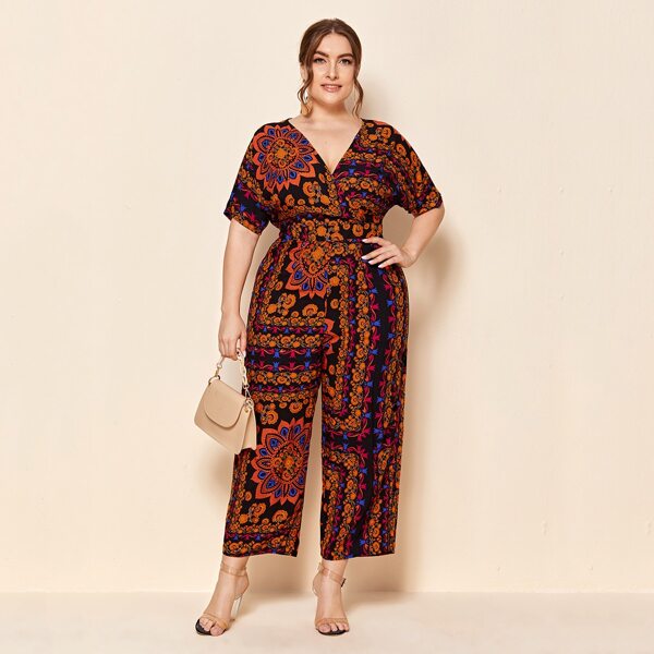 

Plus Batwing Sleeve Tribal Print Jumpsuit, Multicolor