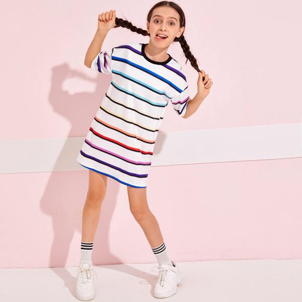 

Girls Drop Shoulder Striped Dress, Multicolor