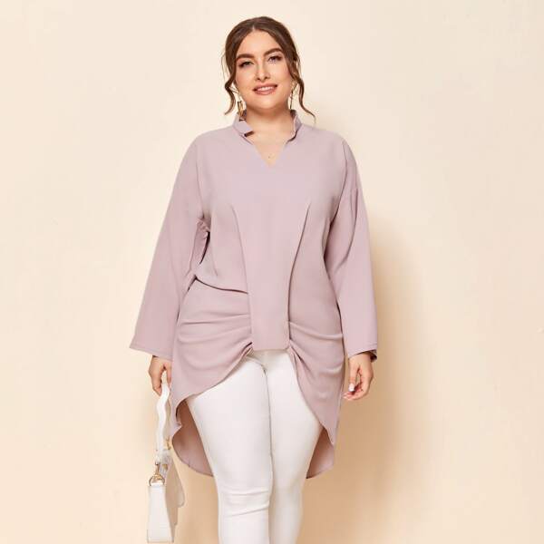 

Plus Notched Neck Twist High Low Blouse, Dusty pink
