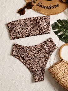 SHEIN Swim Summer Beach Leopard Bandeau High Waisted Bikini Set