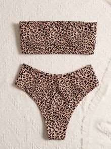 SHEIN Swim Summer Beach Leopard Bandeau High Waisted Bikini Set