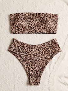 SHEIN Swim Summer Beach Leopard Bandeau High Waisted Bikini Set