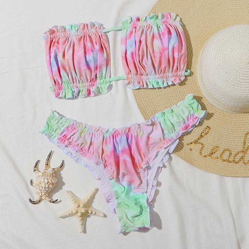 

Tie Dye Ruched Frill Bandeau Bikini Swimsuit, Multicolor
