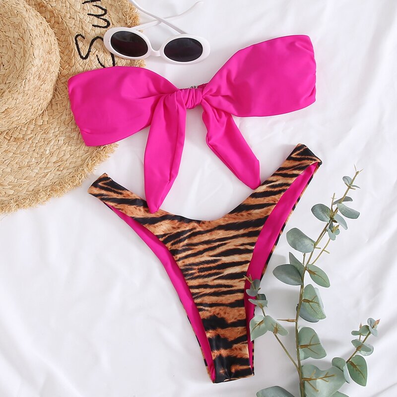 

Tiger Stripe Knot Front Bikini Swimsuit, Hot pink