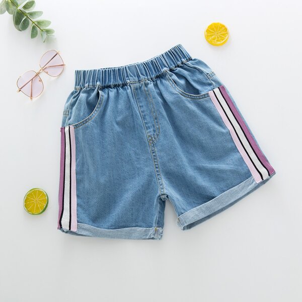 

Girls Striped Tape Denim Shorts, Medium wash