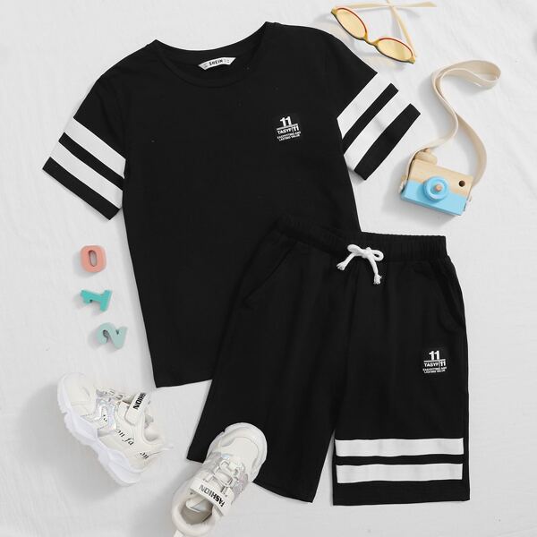 

Boys Striped Tape Detail Patched Top & Shorts Set, Black