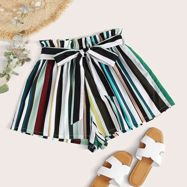 

Plus Paperbag Waist Belted Colorblock Striped Shorts, Multicolor