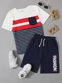SHEIN Boys Patch Pocket Striped Colorblock Top & Letter Graphic Shorts Set