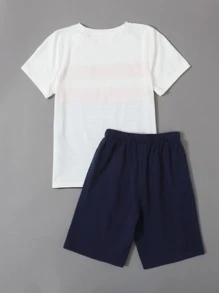 SHEIN Boys Patch Pocket Striped Colorblock Top & Letter Graphic Shorts Set