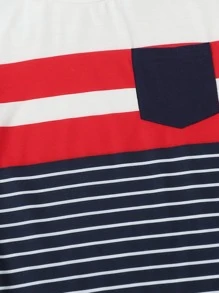 SHEIN Boys Patch Pocket Striped Colorblock Top & Letter Graphic Shorts Set