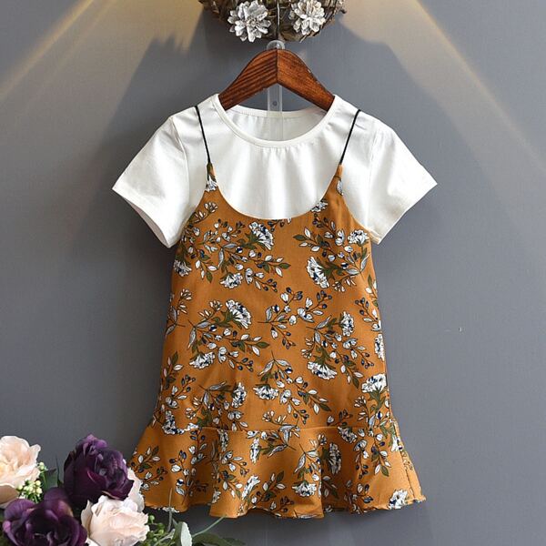 

Toddler Girls Tee With Floral Ruffle Hem Cami Dress, Multicolor