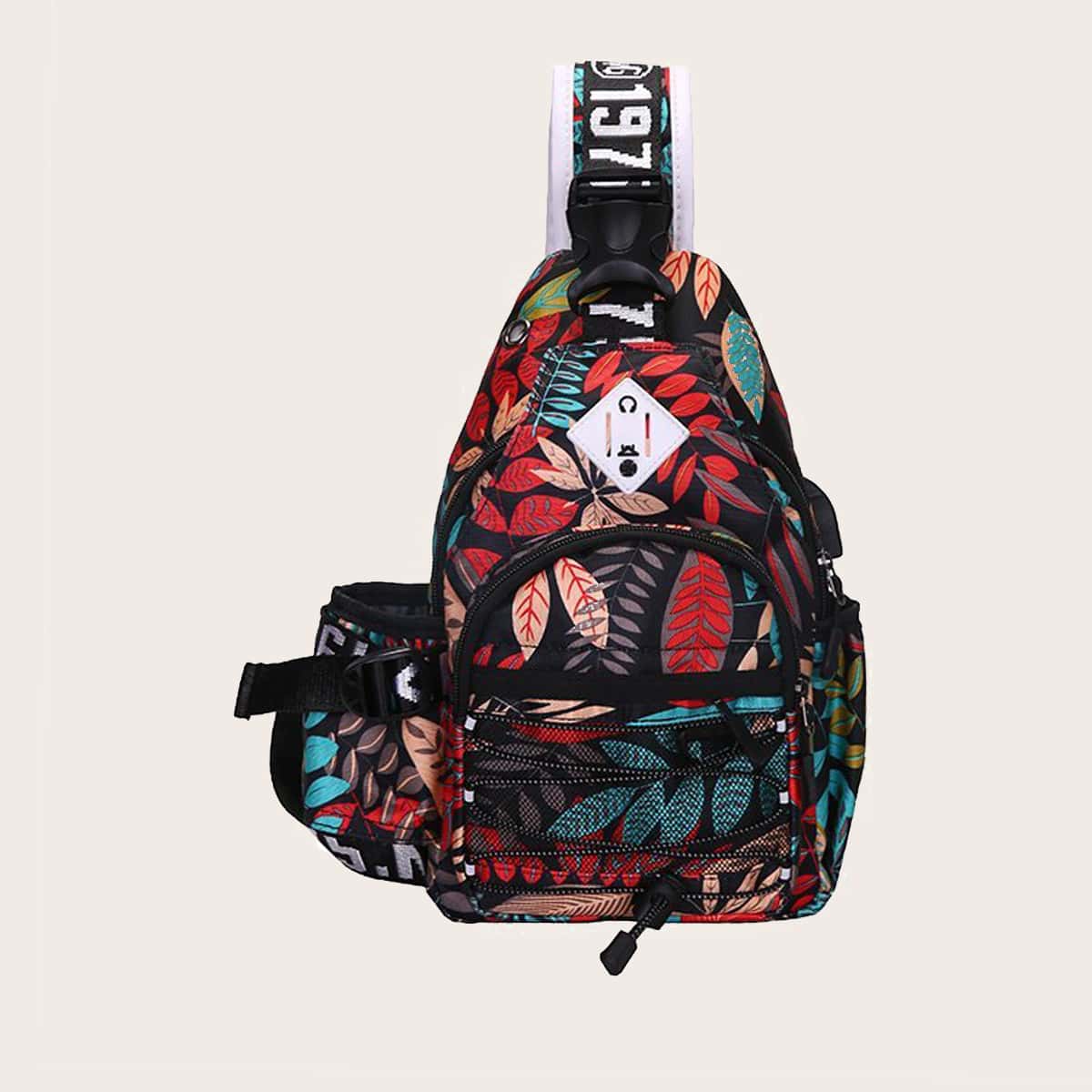 

Guys Tropical Leaf Print Sling Bag, Red
