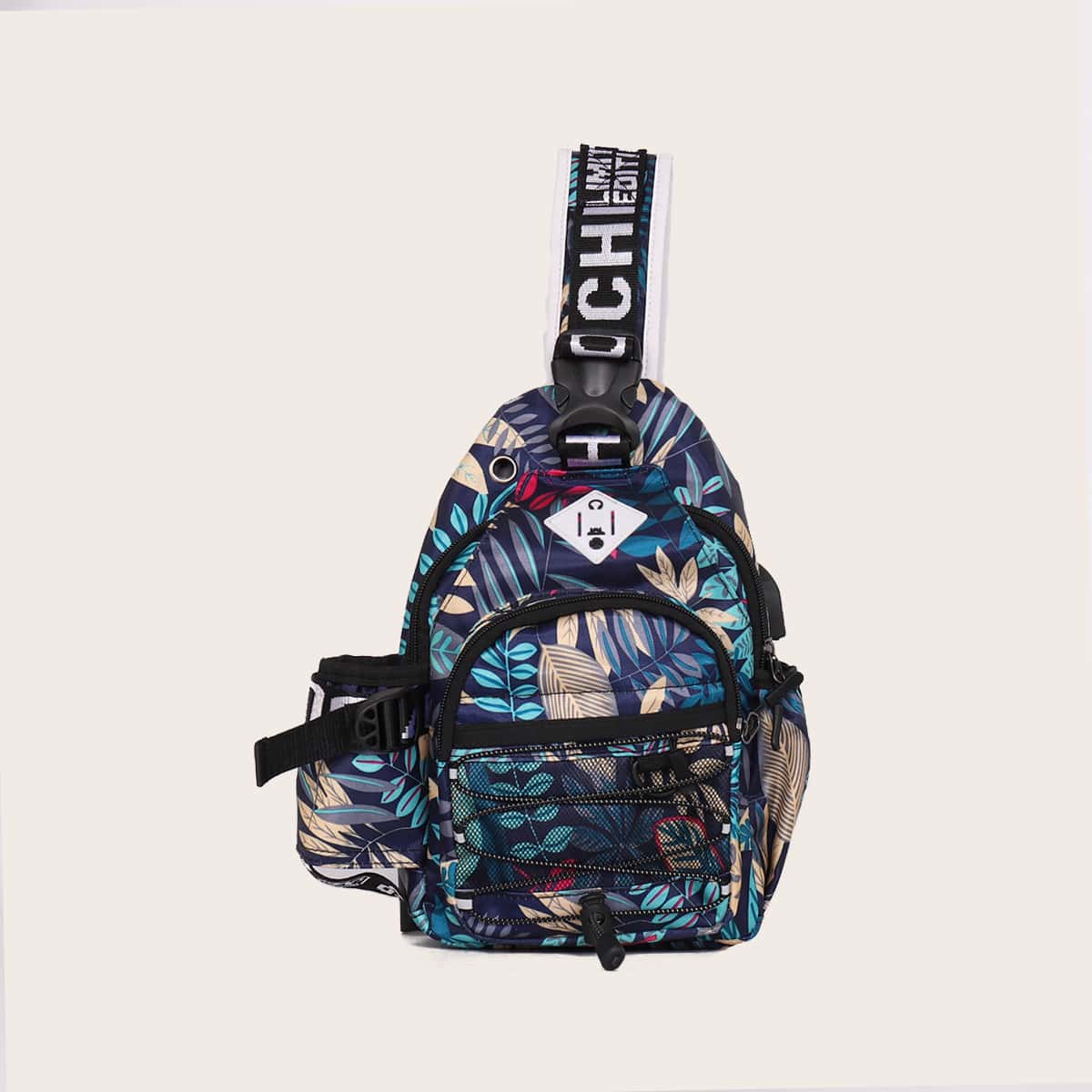 

Guys Tropical Leaf Print Sling Bag, Blue