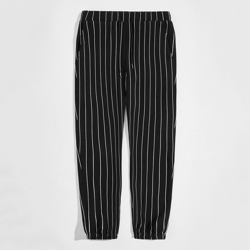 

Guys Elastic Waist Patch Pocket Striped Pants, Black