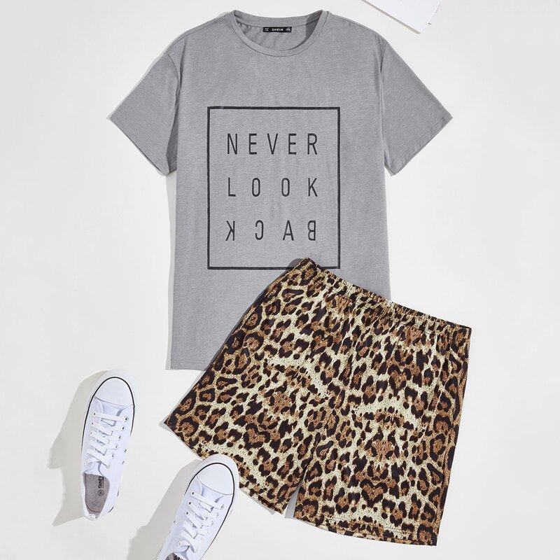 

Guys Drop Shoulder Slogan Graphic Top & Leopard Shorts PJ Set, Multicolor