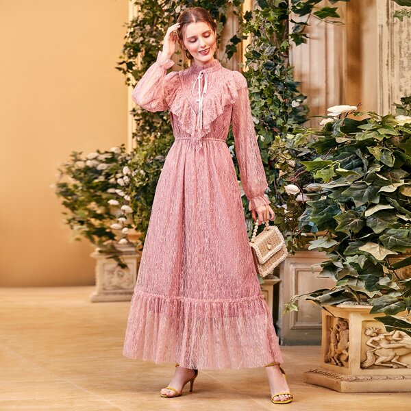 

Tie Neck Ruffle Trim Maxi Lace Dress, Dusty pink
