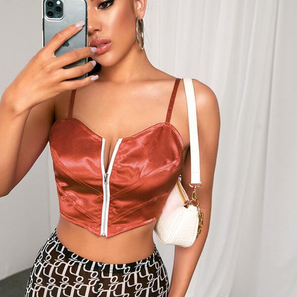 

Zip Up Satin Crop Cami Top, Rusty rose
