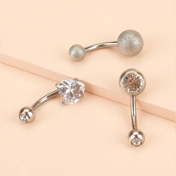 

3pcs Rhinestone Belly Ring, Silver