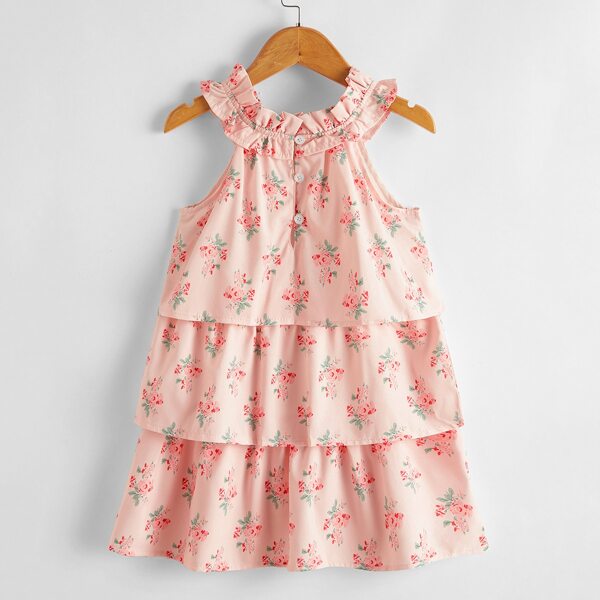 

Toddler Girls Allover Floral Ruffle Layered Hem Dress, Baby pink