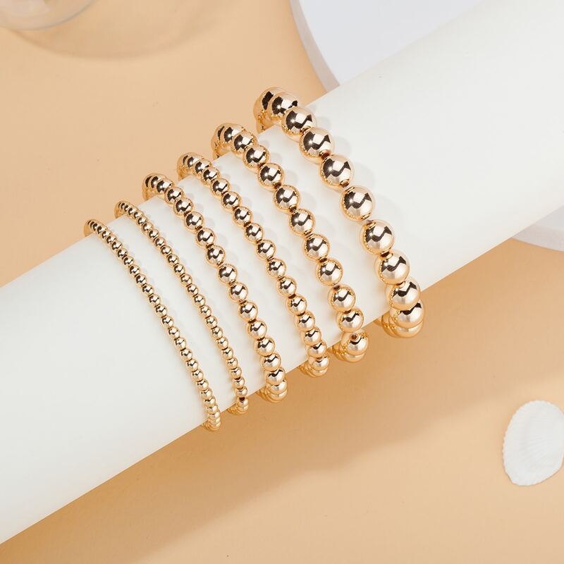 

6pcs Round Ball Beaded Bracelet, Gold