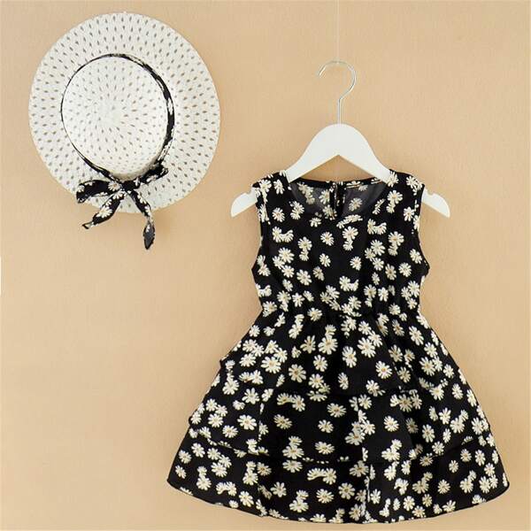 

Toddler Girls Floral Print Layered Ruffle Dress, Black