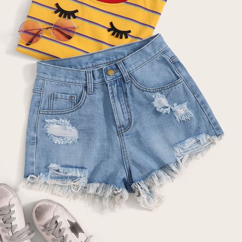 

Raw Hem Ripped Denim Shorts, Light wash