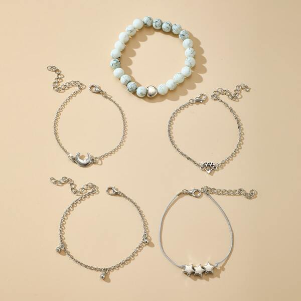 

5pcs Moon & Star Decor Bracelet, Multicolor