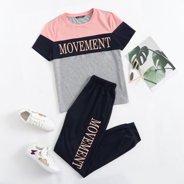 

Letter Graphic Colorblock Top & Sweatpants Set, Multicolor