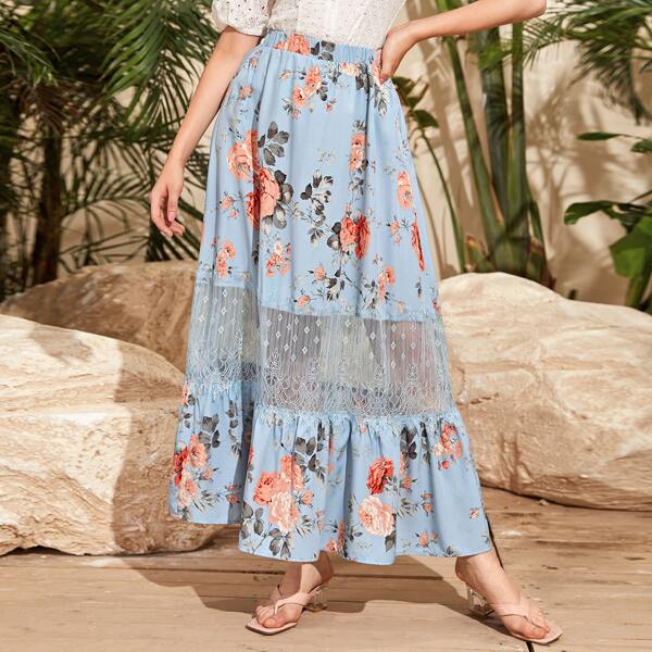 

Lace Insert Ruffle Hem Floral Skirt, Baby blue