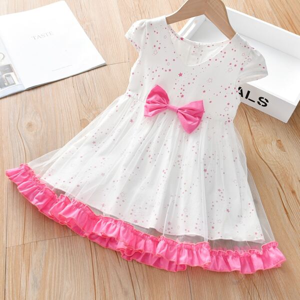 

Toddler Girls Bow Front Contrast Mesh Overlay Galaxy Dress, White