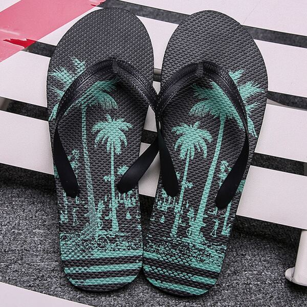 

Men Coconut Tree Print Flip Flops, Black