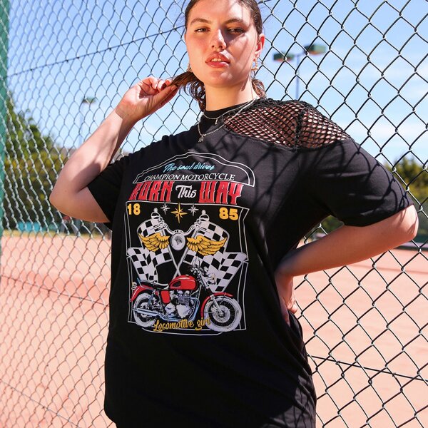 

Plus Motorcycle Graphic Sheer Mesh Tee, Black