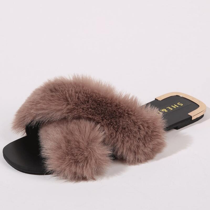 

Fluffy Decor Cross Strap Slide Sandals, Khaki