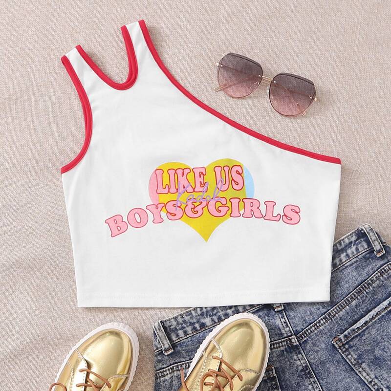 

Slogan Graphic One Shoulder Crop Top, White
