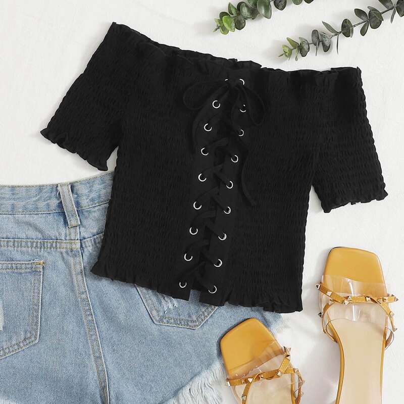 

Lace Up Shirred Off Shoulder Top, Black