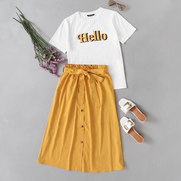 

Letter Graphic Top & Paperbag Waist Belted Skirt Set, Multicolor