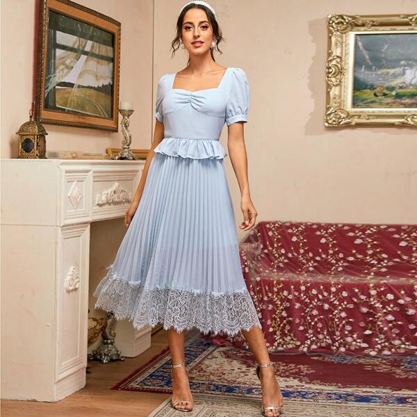 

Ruched Front Ruffle Trim Pleated Eyelet Lace Hem Dress, Pastel baby blue