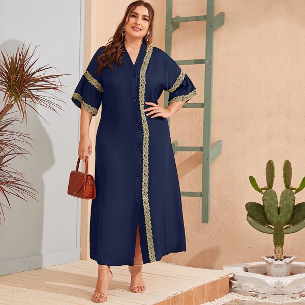 

Plus Guipure Lace Panel Button Front Dress, Navy blue