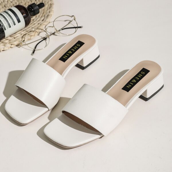 

Open Toe Block Heeled Sandal Mules, Beige