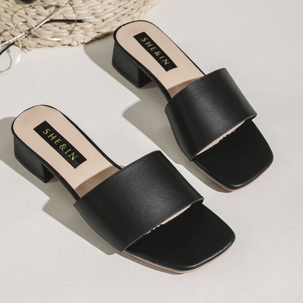 

Open Toe Block Heeled Sandal Mules, Black