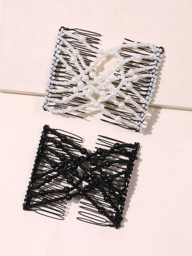2pcs Faux Pearl Beaded Hair Comb Set Casual Hair Bun Hair Pin Hair Bun Maker Bun Hair Piece Hair Styling Pins, School Stuff, Hair Accessories, Head Accessories