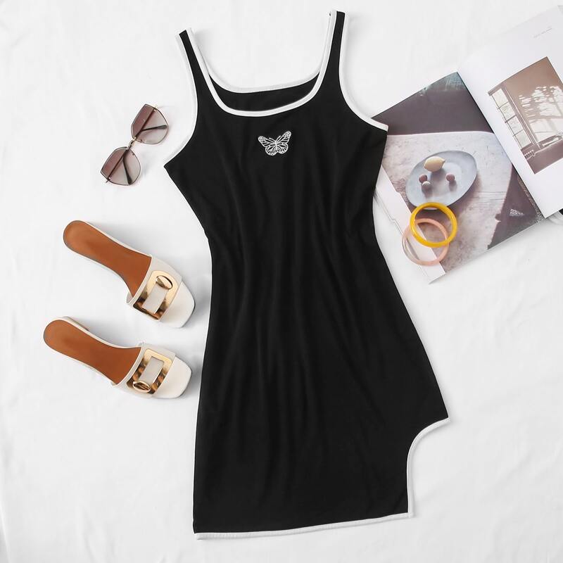 

Butterfly Embroidered Asymmetrical Hem Bodycon Dress, Black