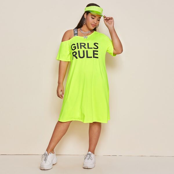 

Plus Asymmetric Neck Letter Graphic Dress, Lime green